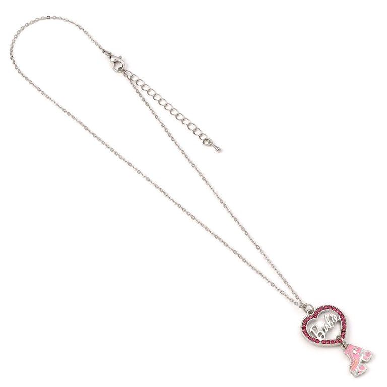 Barbie Silver Plated Heart & Roller Skate Necklace - Official Collection with Pink Crystal and Enamel Details
