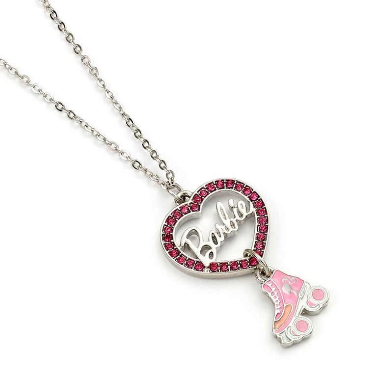Barbie Silver Plated Heart & Roller Skate Necklace - Official Collection with Pink Crystal and Enamel Details