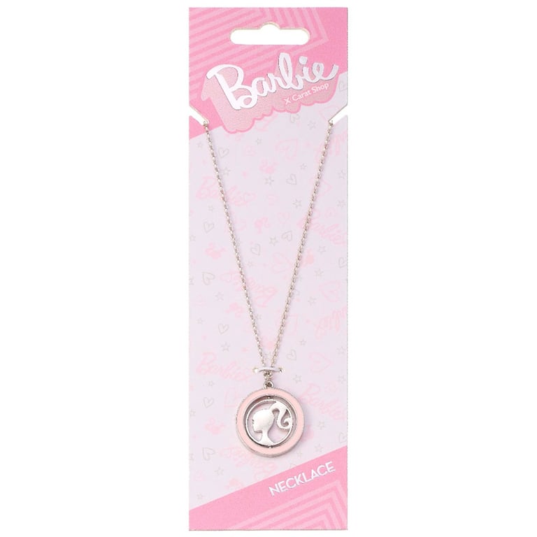 Official Barbie Spinning Silhouette Necklace - Pink Enamel & Silver Tone Chain