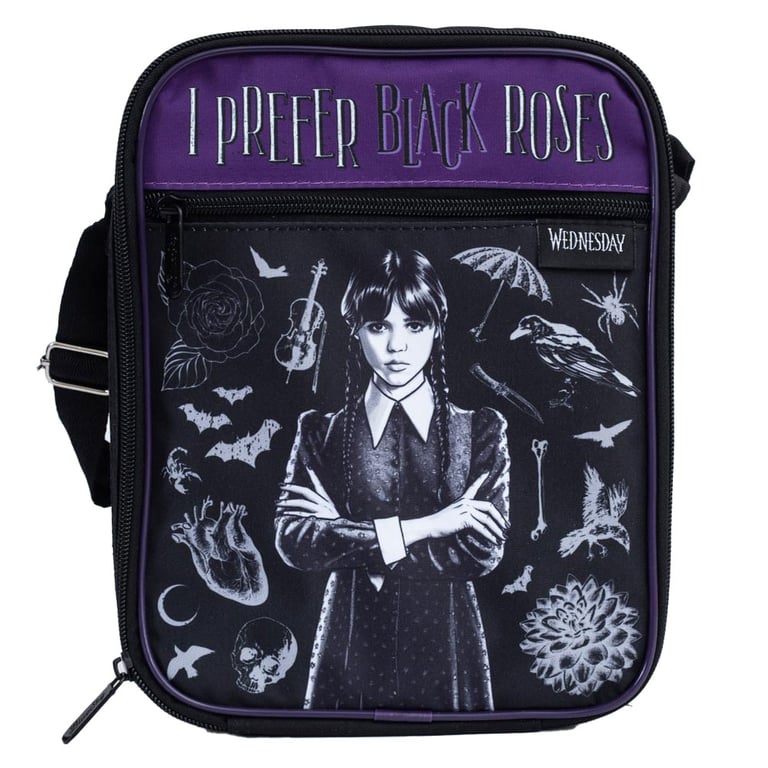 Purple Wednesday Insulated Lunch Bag with Black Roses Design and Carry Handle