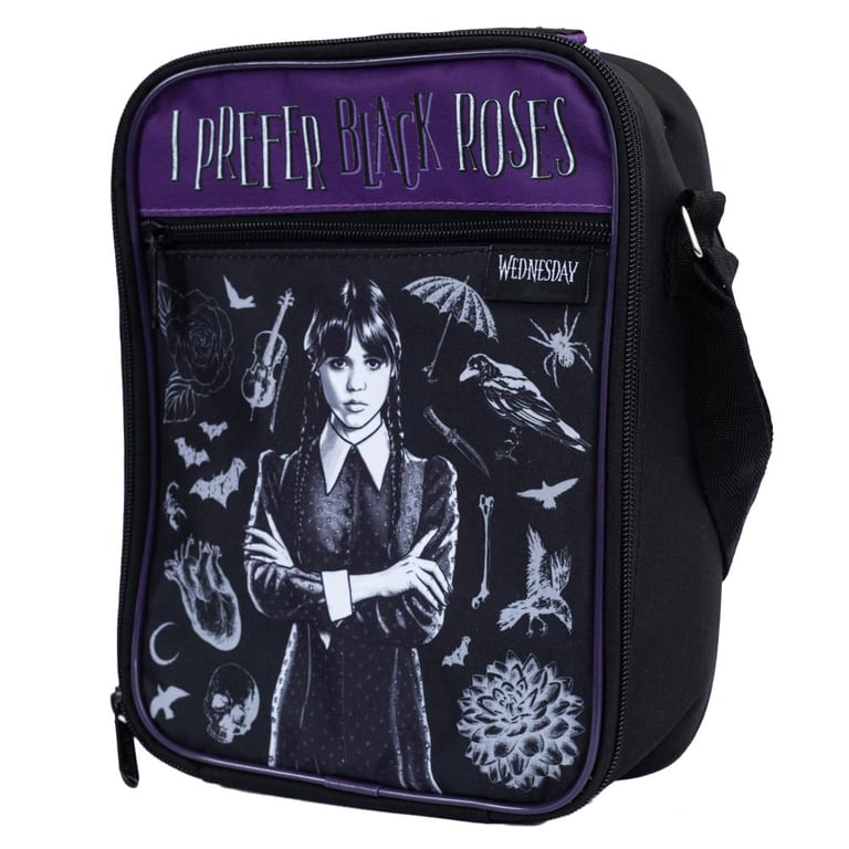 Purple Wednesday Insulated Lunch Bag with Black Roses Design and Carry Handle
