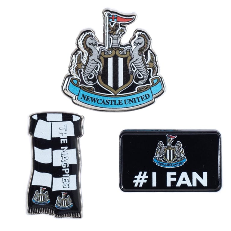 Newcastle United FC 3pc Metal Badge Set - Official Club Crest & Scarf Pin Badges with Die-Stamped Design