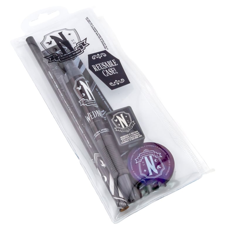 Wednesday Nevermore Academy 5-Piece Stationery Set with Ballpoint Pen & Pencil Sharpener