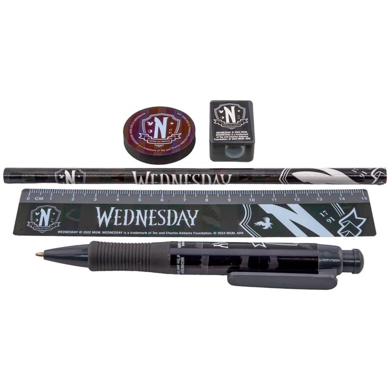 Wednesday Nevermore Academy 5-Piece Stationery Set with Ballpoint Pen & Pencil Sharpener
