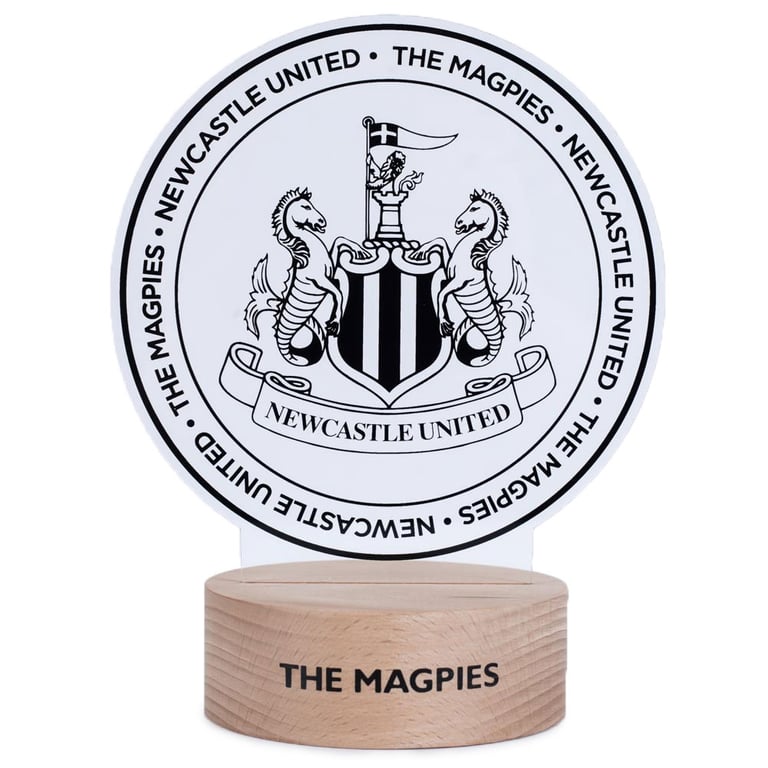 Newcastle United FC LED Crest Light - USB Powered White LED Desk Light with Wooden Base and Newcastle Crest Design
