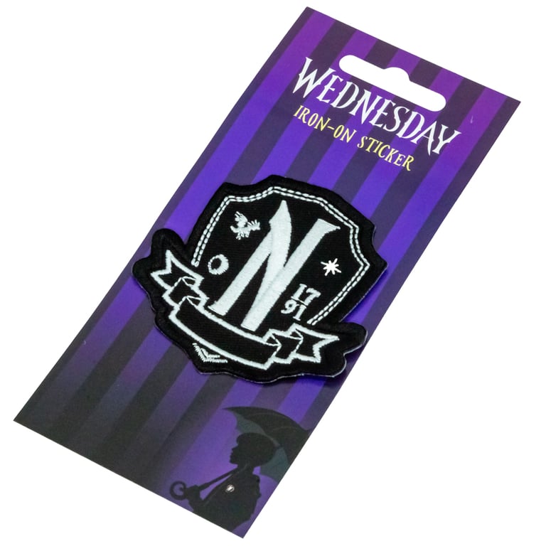 Nevermore Academy Shield Iron-On Patch - Black and White Decal for School Bags and Clothing
