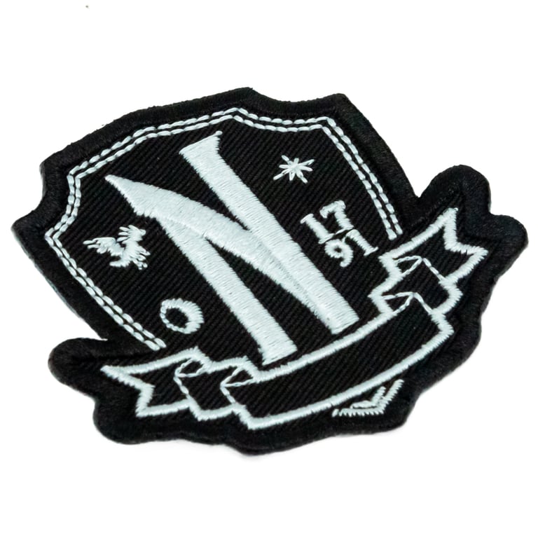 Nevermore Academy Shield Iron-On Patch - Black and White Decal for School Bags and Clothing