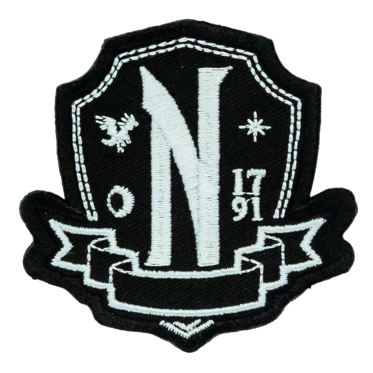 Nevermore Academy Shield Iron-On Patch - Black and White Decal for School Bags and Clothing