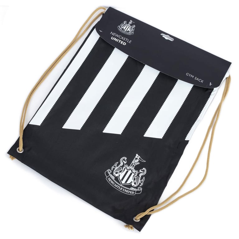 Newcastle United FC Stripe Gym Bag - White Crest Design, Black Polyester Drawstring Closure