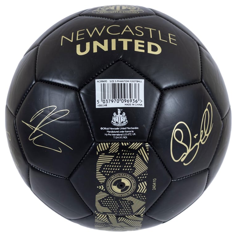 Newcastle United FC Sig Gold Phantom Football - 32 Panel Matte Black Ball with Official Player Signature Prints
