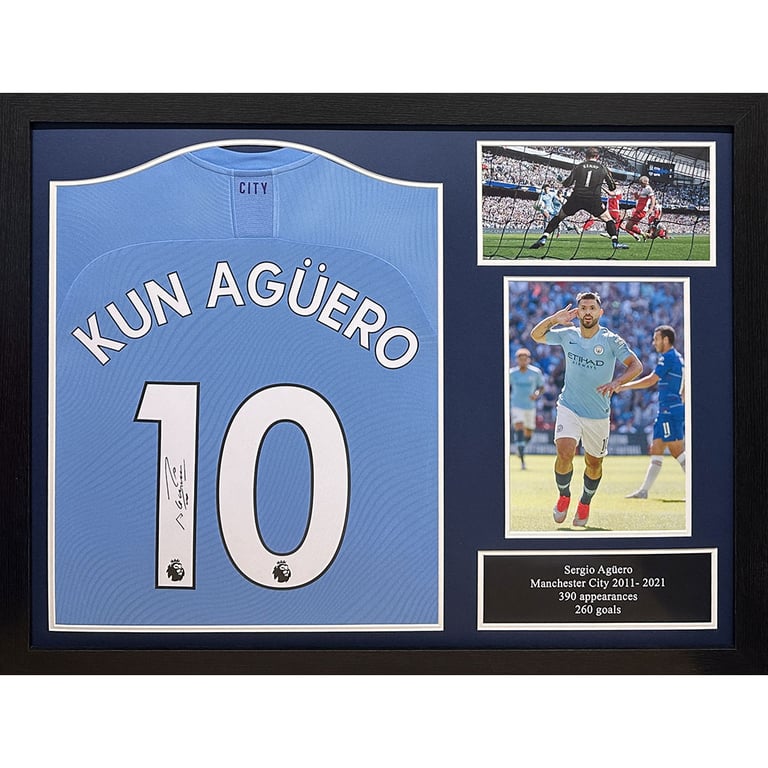 Manchester City FC 2019-2020 Aguero Signed Replica Shirt Framed with Authenticity Certificate