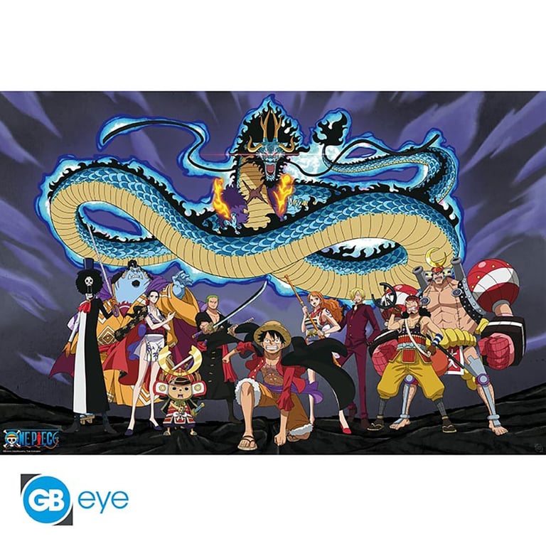 One Piece Poster - Straw Hat Crew vs Kaido Dragon Form, High Res Artwork on Laminated Gloss Paper