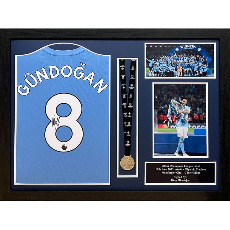 Manchester City FC Gundogan Signed 2021-22 Champions League Winners Jersey & Medal (Framed)