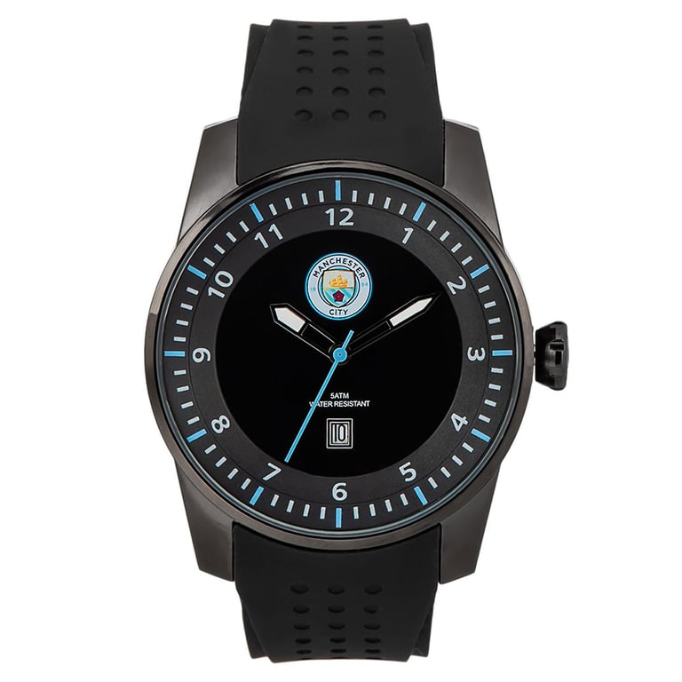Manchester City FC Men s Sports Watch - Black Silicone Strap with Water Resistant Design and Date Display
