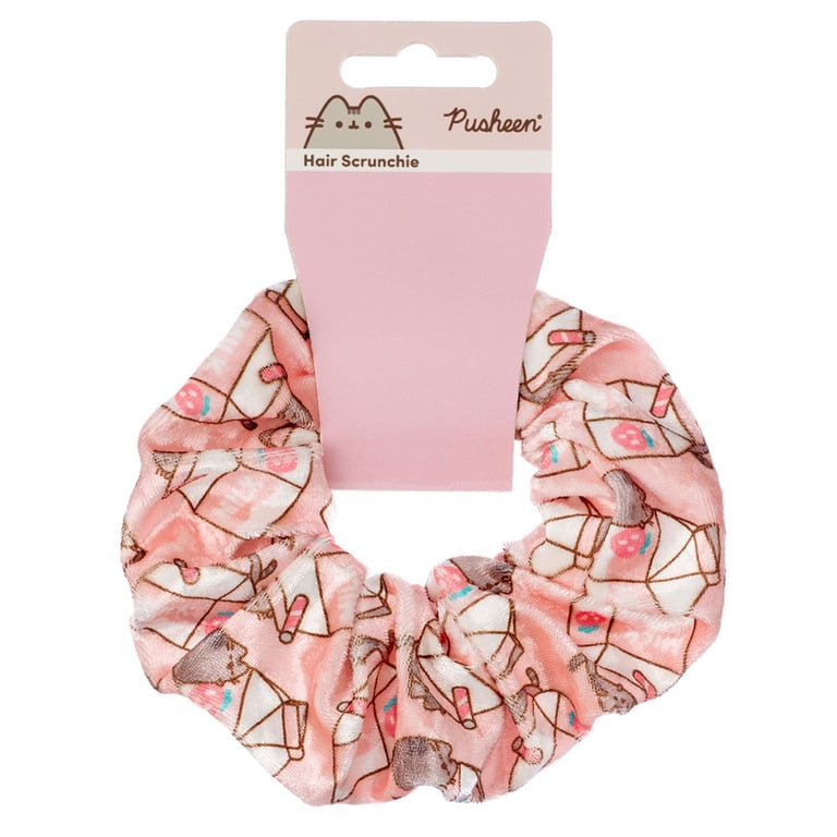Pusheen Colourful Satin Hair Scrunchie Featuring Strawberry Milkshake Character Design