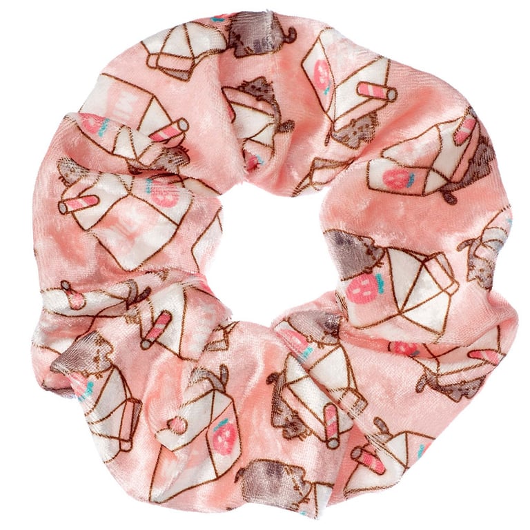 Pusheen Colourful Satin Hair Scrunchie Featuring Strawberry Milkshake Character Design