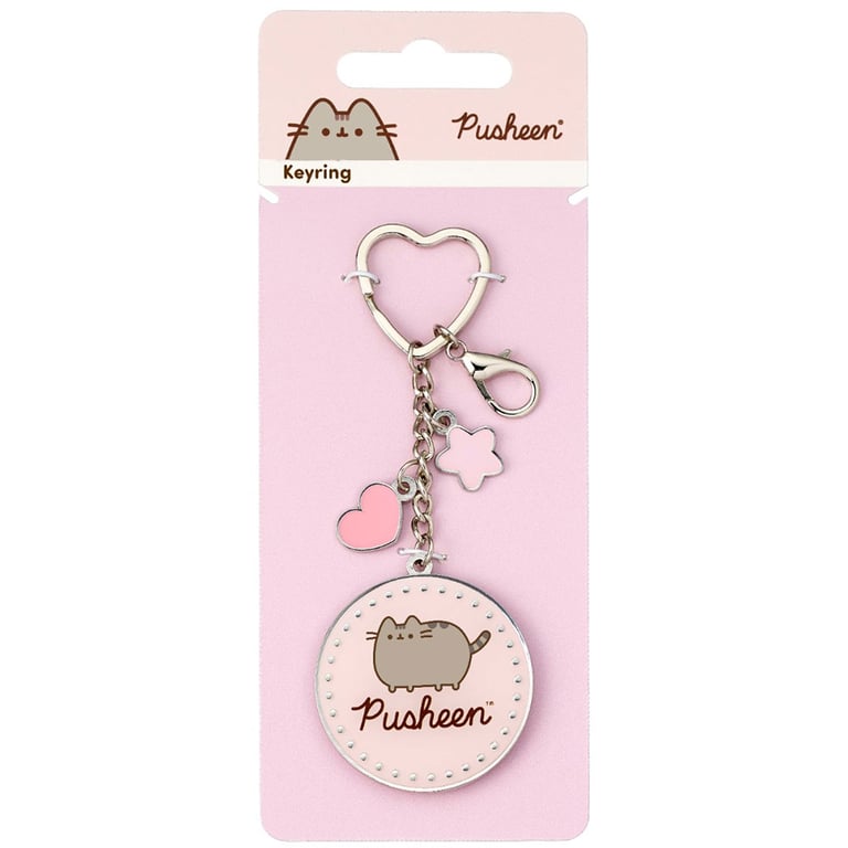 Pusheen Metal Die Stamped Keyring Charm with Pink Background
