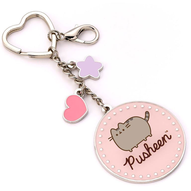 Pusheen Metal Die Stamped Keyring Charm with Pink Background