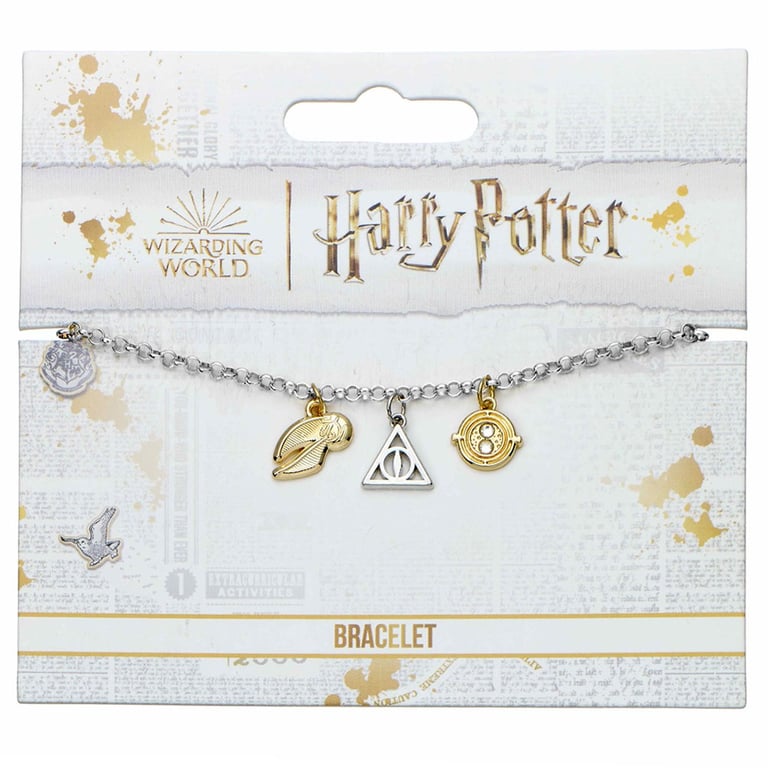 Harry Potter Silver Plated Charm Bracelet with Golden Snitch, Deathly Hallows Symbol and Time Turner Charms