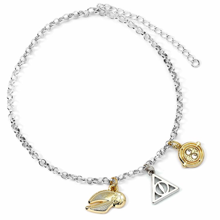 Harry Potter Silver Plated Charm Bracelet with Golden Snitch, Deathly Hallows Symbol and Time Turner Charms
