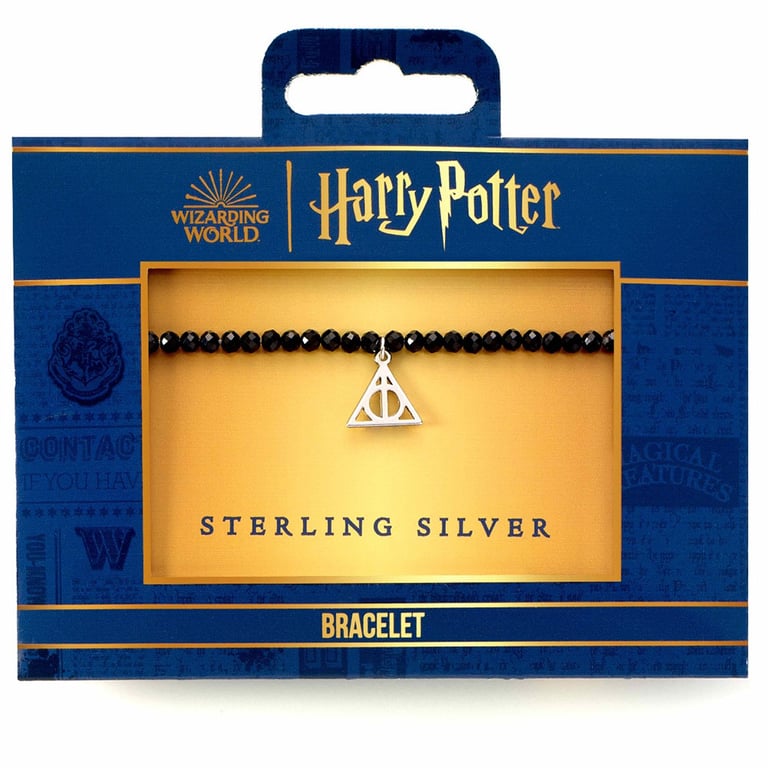 Harry Potter Deathly Hallows Sterling Silver Charm Black Onyx Stone Elasticated Bracelet