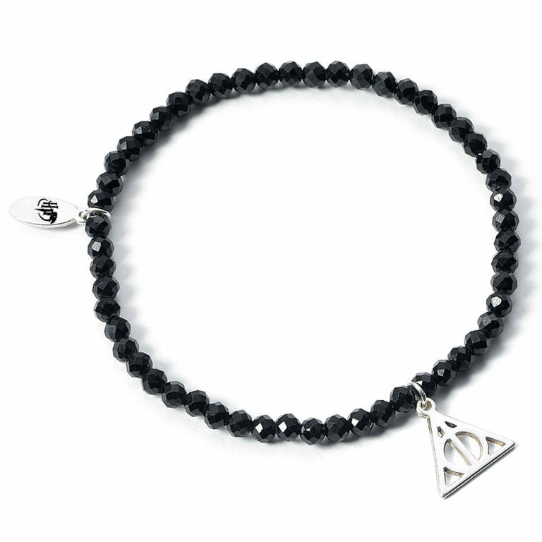 Harry Potter Deathly Hallows Sterling Silver Charm Black Onyx Stone Elasticated Bracelet