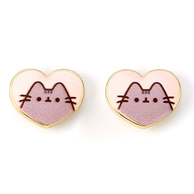Pusheen Gold Plated Heart Stud Earrings - Detailed Design Pink Background