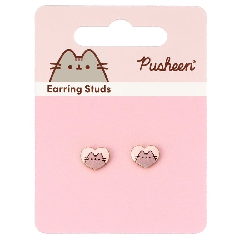 Pusheen Gold Plated Heart Stud Earrings - Detailed Design Pink Background