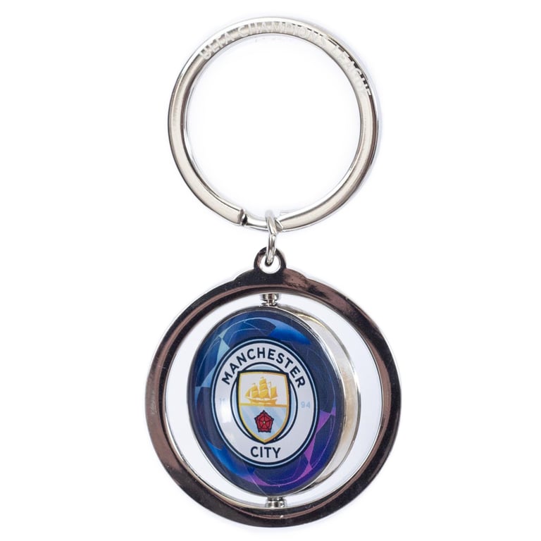 Manchester City FC UCL Spinner Keyring - Metal Alloy Keychain with Spinning Man City Logo and UEFA Champions League Emblem
