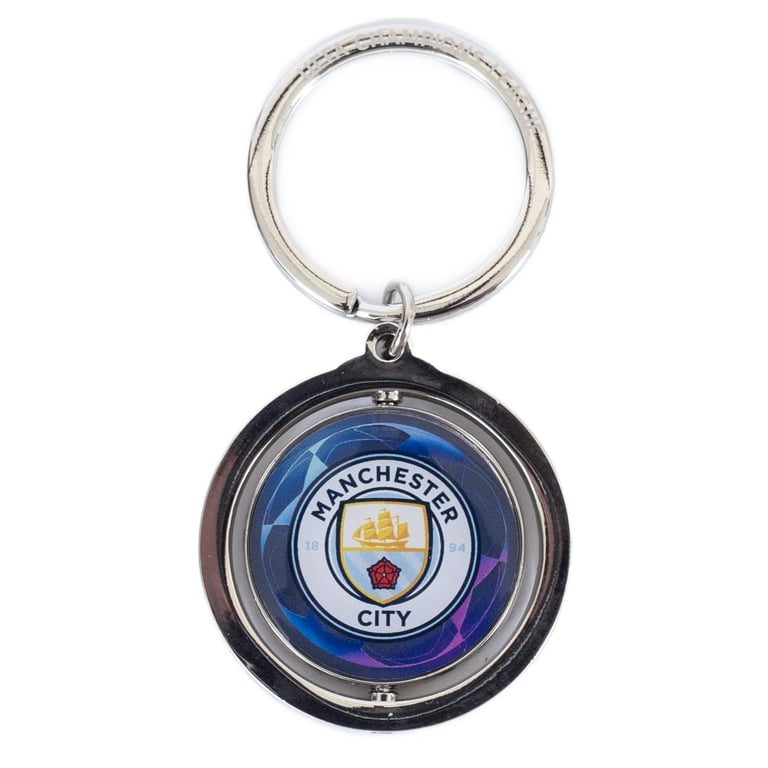 Manchester City FC UCL Spinner Keyring - Metal Alloy Keychain with Spinning Man City Logo and UEFA Champions League Emblem