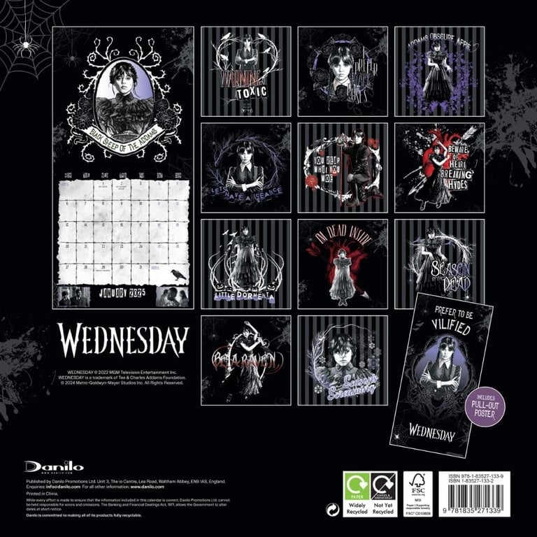 Wednesday Addams Square Wall Calendar 2025 - Artistic Home Decor Planner