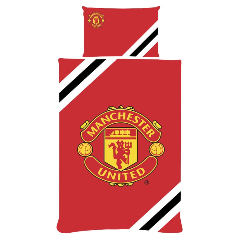 Manchester United FC Core Stripe Reversible Duvet Set - Polyester Cotton, Machine Washable