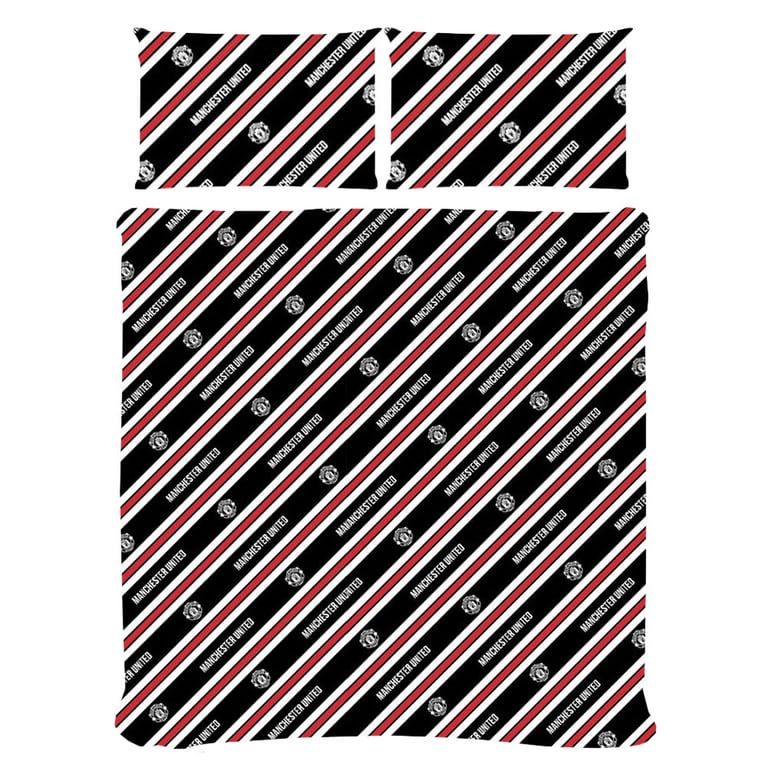 Manchester United FC Core Stripe Double Duvet Set - Club Crest Design, Reversible & Machine Washable