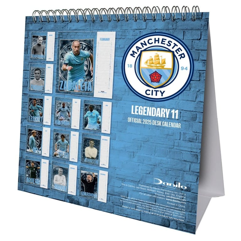 Manchester City FC Legendary 11 Desk Easel Calendar 2025 - Home and Garden Gift Idea