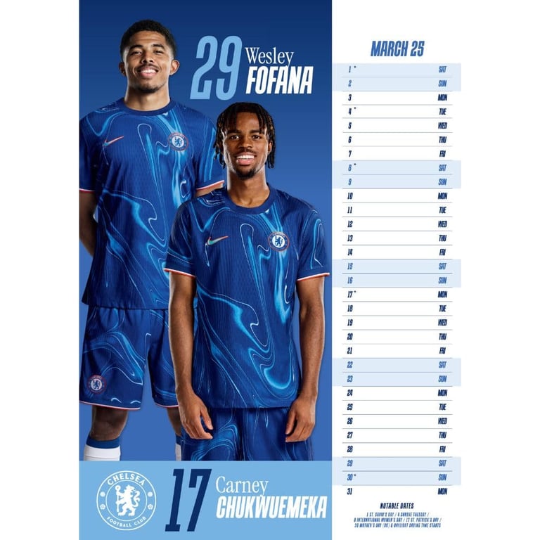Chelsea FC A3 Calendar 2025 - Featuring Enzo, James & More Football Stars