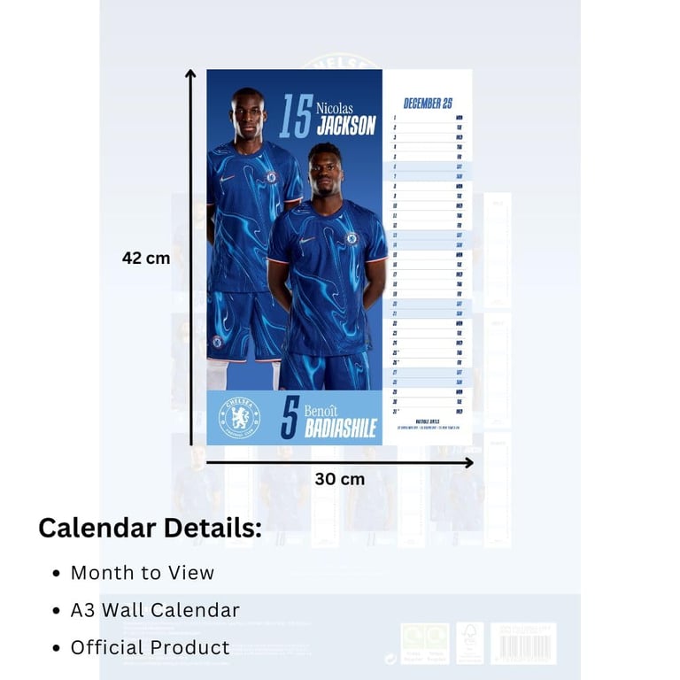 Chelsea FC A3 Calendar 2025 - Featuring Enzo, James & More Football Stars