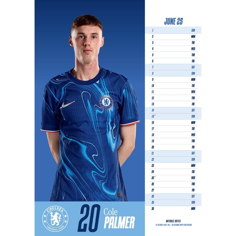 Chelsea FC A3 Calendar 2025 - Featuring Enzo, James & More Football Stars