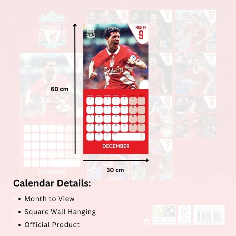 Liverpool FC Legends Square Wall Calendar 2025 - Football Club Legends and History