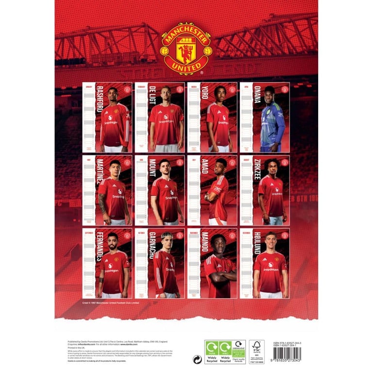 Manchester United FC 2025 A3 Wall Calendar Featuring Favourite Players