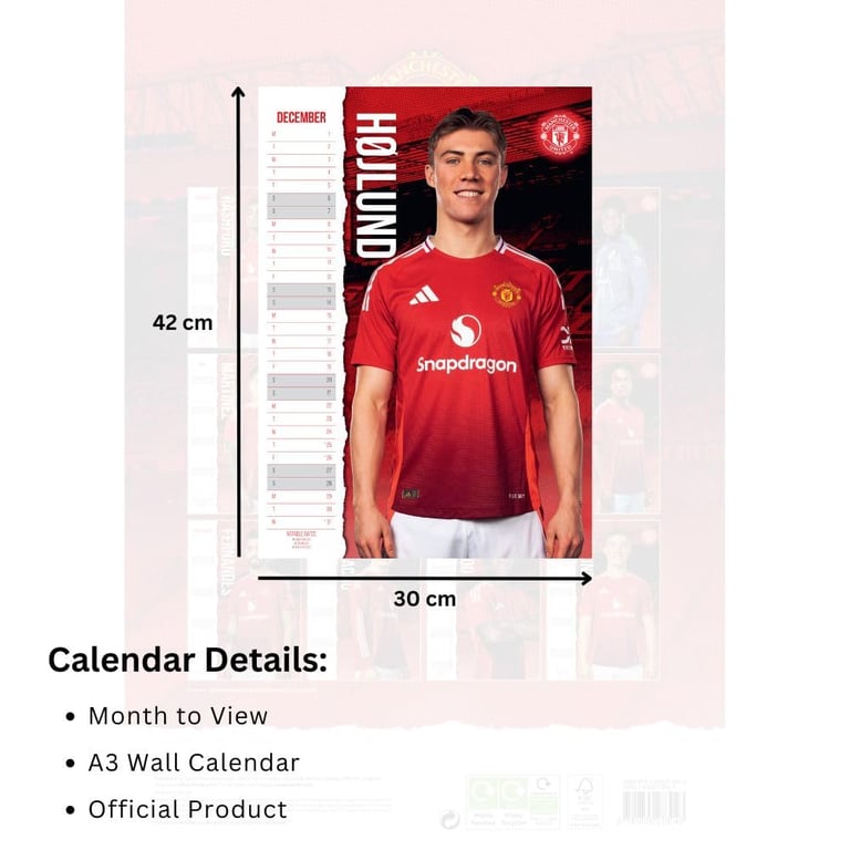 Manchester United FC 2025 A3 Wall Calendar Featuring Favourite Players