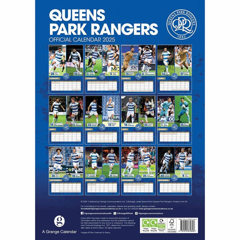 Queens Park Rangers FC 2025 A3 Wall Calendar Featuring QPR Players