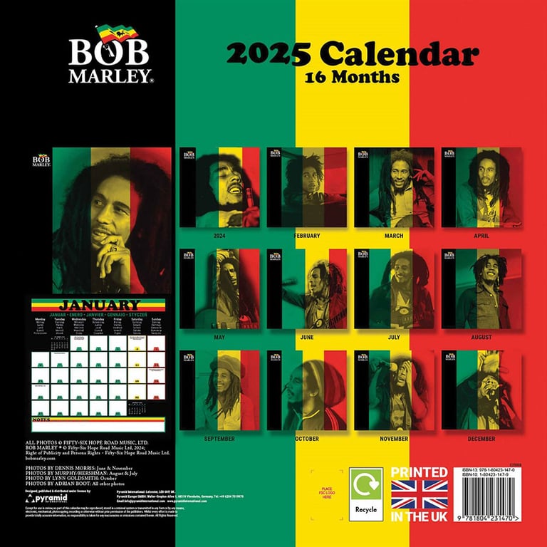 Bob Marley 2025 Square Wall Calendar - Reggae Legend Home Decor
