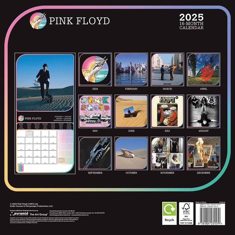 Pink Floyd 2025 Square Wall Calendar - Album Cover Art Tribute