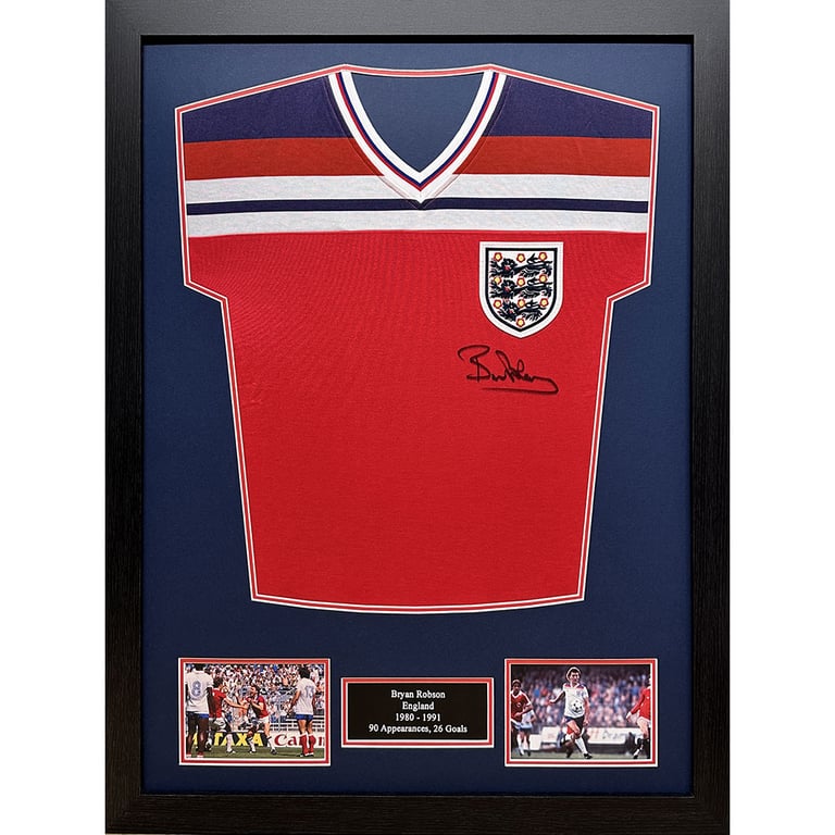 England FA 1982 Bryan Robson Signed Replica Shirt Framed with Certificate of Authenticity