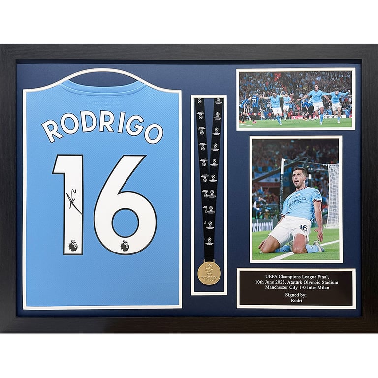 Manchester City FC Rodri Signed 2021-2022 UEFA Champions League Winners Shirt & Medal (Framed)