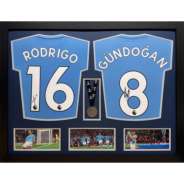 Manchester City FC Rodri & Gundogan Signed UEFA Champions League Winners Shirts (Dual Framed)