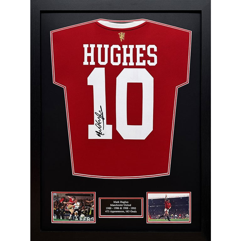 Manchester United FC 1985 Hughes Signed Replica Shirt (Framed) - Autographed Football Memorabilia