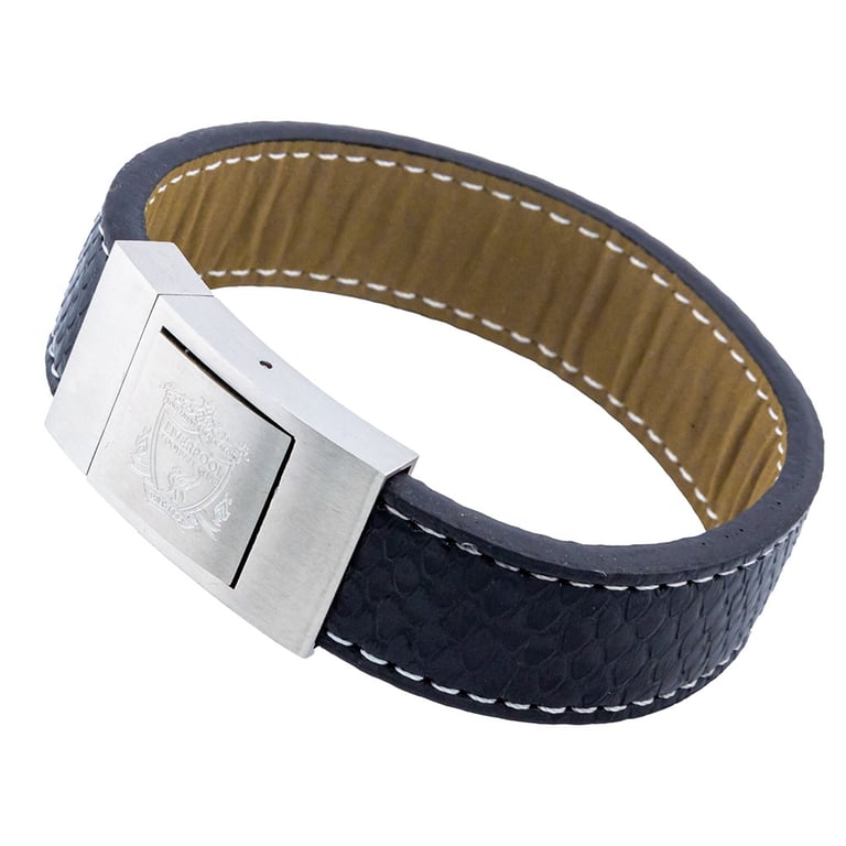 Liverpool FC Stitched Leather Crocodile Print Bracelet with Stainless Steel Clasp and Crest Engraving