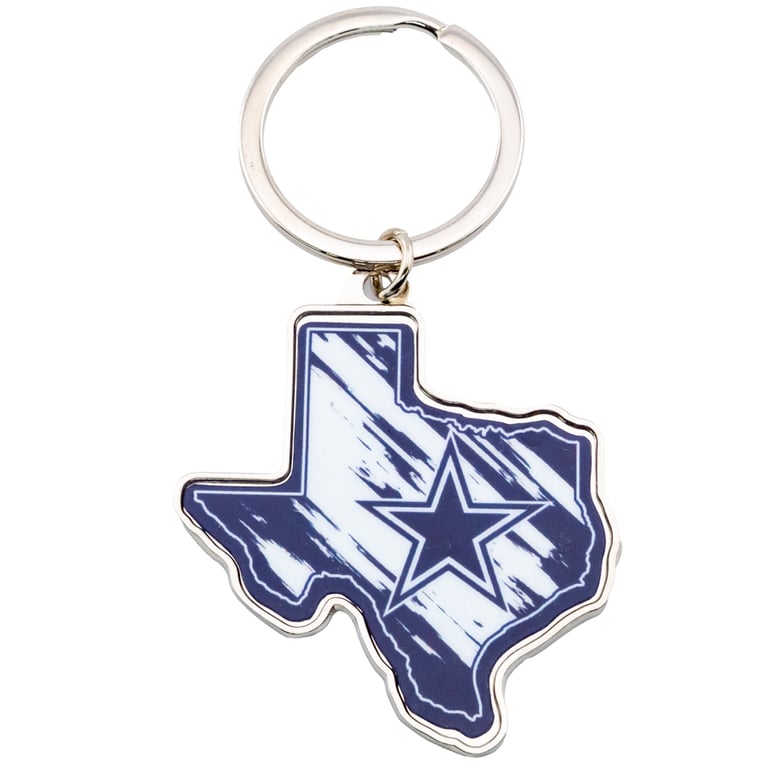 Dallas Cowboys Texas State Shaped Metal Keyring with Silver Finish and Team Logo