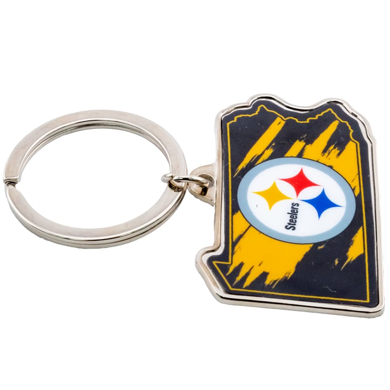 Pittsburgh Steelers State Shape Metal Keyring with Silver Finish and NFL Logo